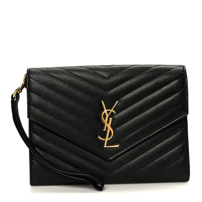 Saint Laurent Grain De Poudre Matelasse Chevron Monogram Envelope Clutch Black 1 of 9