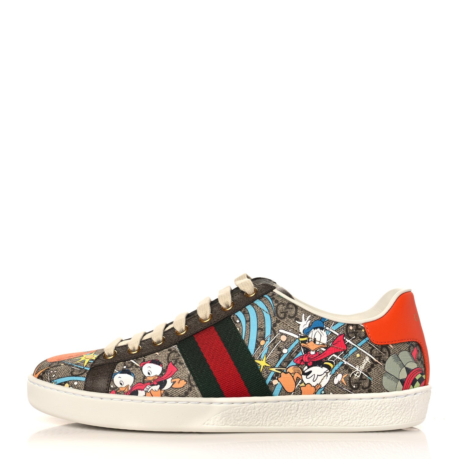 Gucci X DISNEY GG Supreme Monogram Web Donald Duck Womens Ace Sneakers 38.5 Beige New Acero Orange 1 of 9