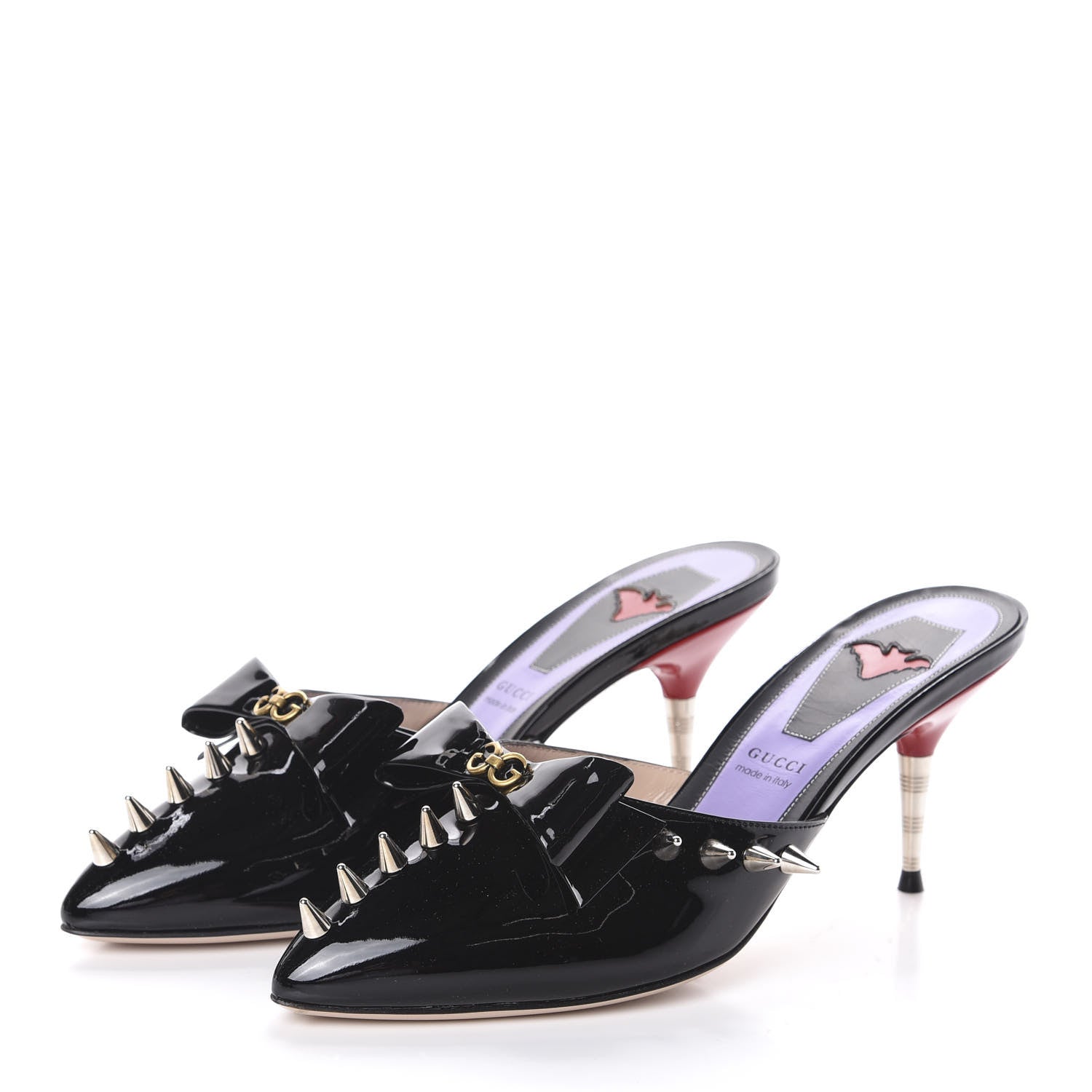 Gucci Patent GG Bow Sadie Spike Mid Heel Mules 38 Black 3 of 7