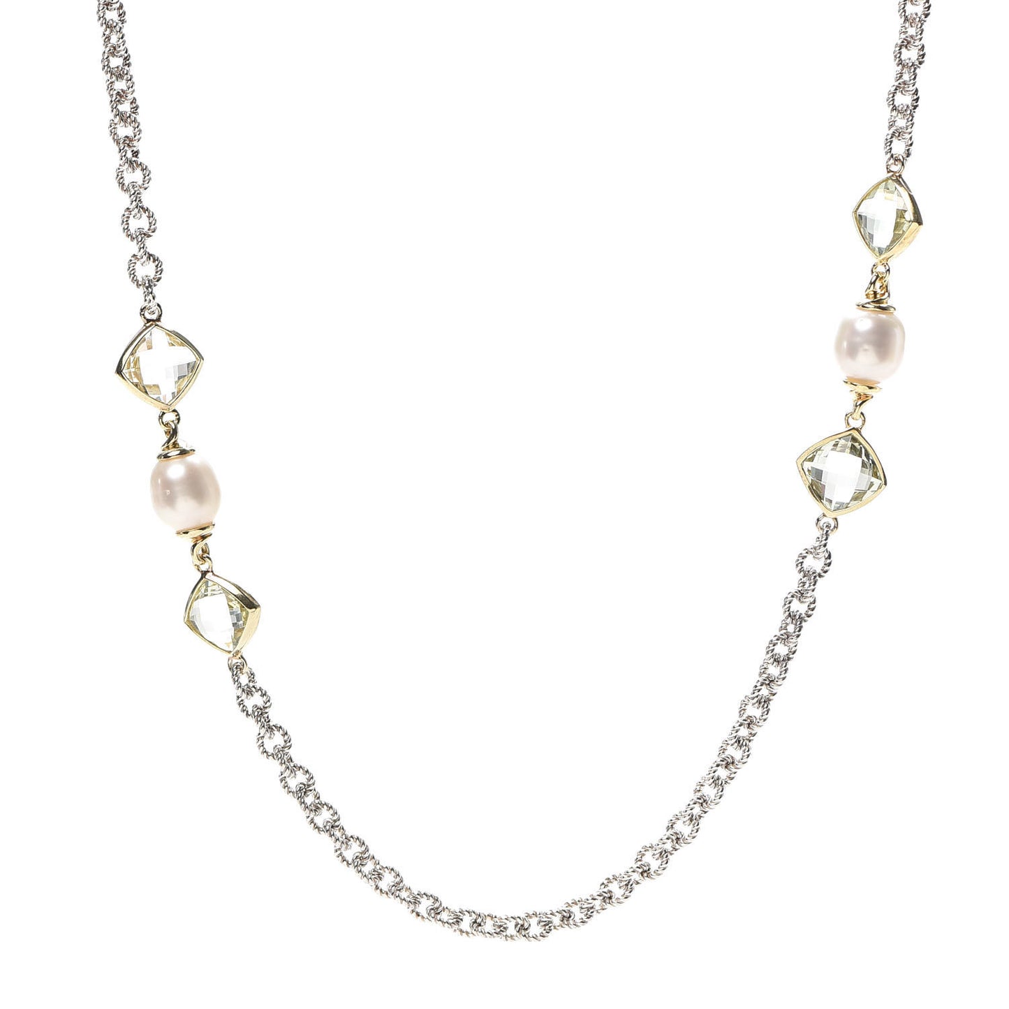 Sterling Silver 18K Yellow Gold Prasiolite Pearl Figaro Chain Necklace