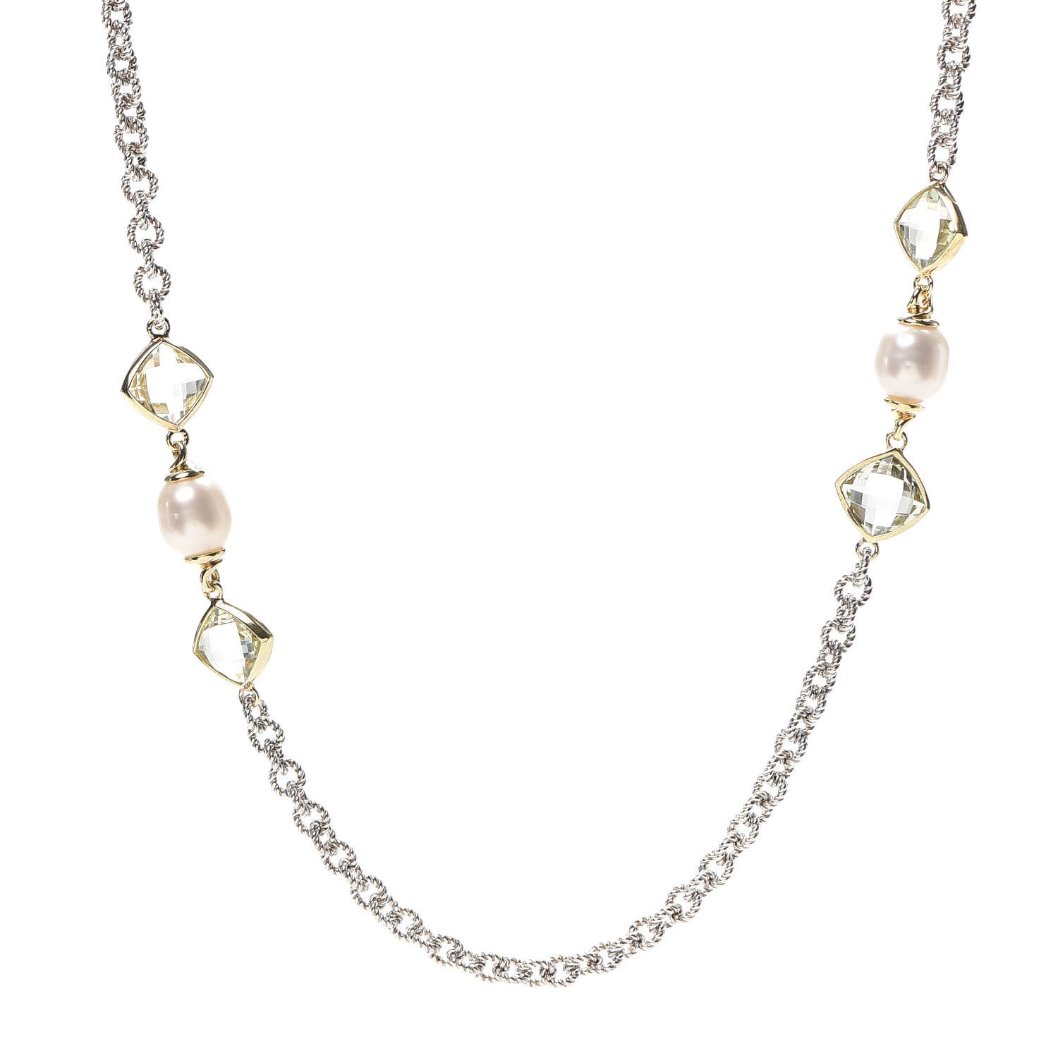 David Yurman Sterling Silver 18K Yellow Gold Prasiolite Pearl Figaro Chain Necklace 1 of 5