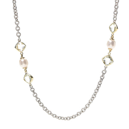 David Yurman Sterling Silver 18K Yellow Gold Prasiolite Pearl Figaro Chain Necklace 1 of 5