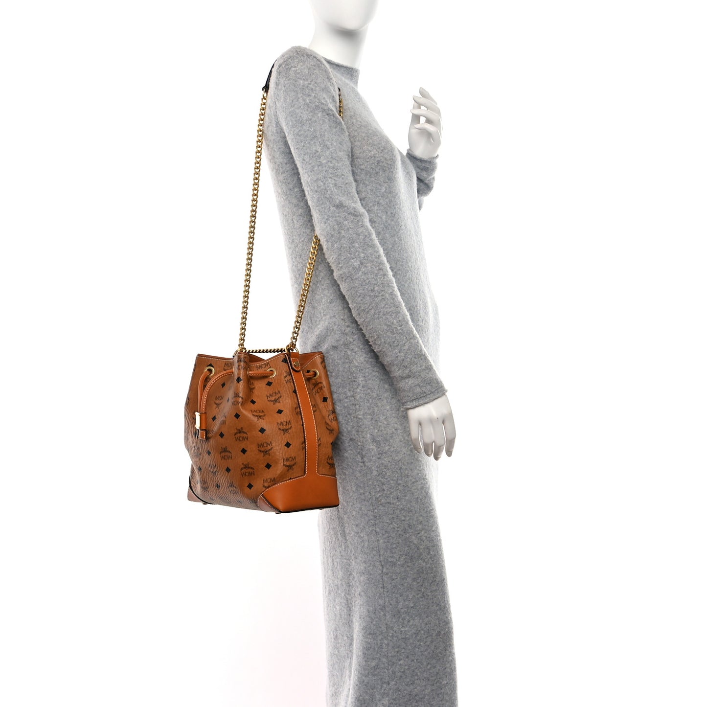 Visetos Small Soft Berlin Drawstring Bucket Bag Cognac