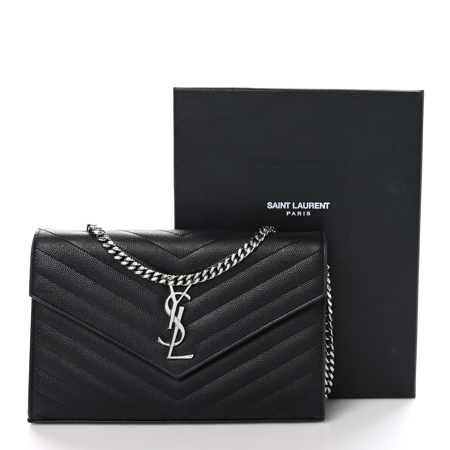 Saint Laurent Grain De Poudre Matelasse Chevron Monogram Chain Wallet Black 11 of 11