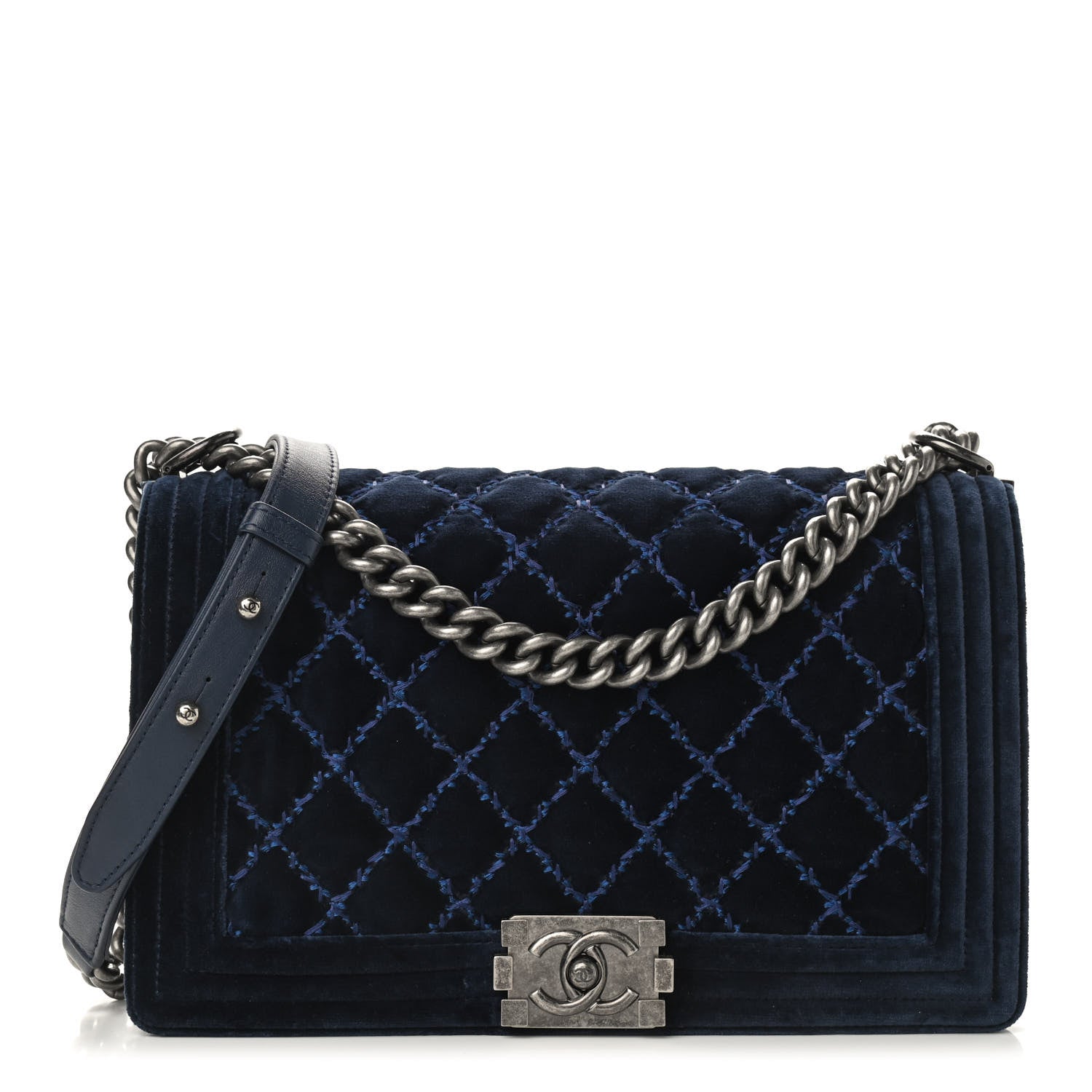 Chanel Velvet Tweed Quilted New Medium Boy Flap Dark Navy Blue 1 of 9