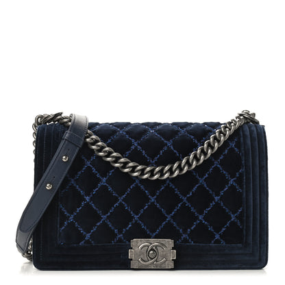 Chanel Velvet Tweed Quilted New Medium Boy Flap Dark Navy Blue 1 of 9