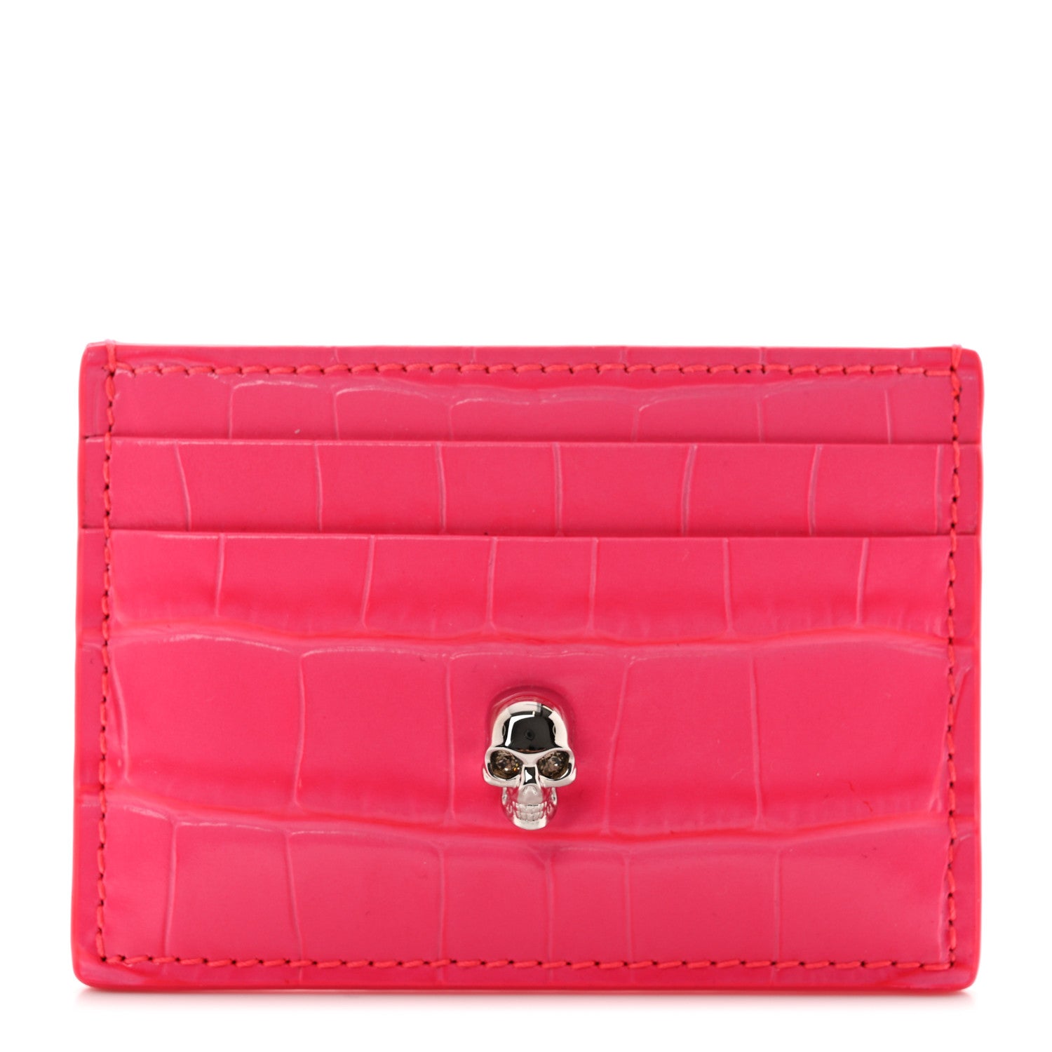 Alexander McQueen Calfskin Crocodile Embossed Skull Card Holder Neon Pink 1 of 8