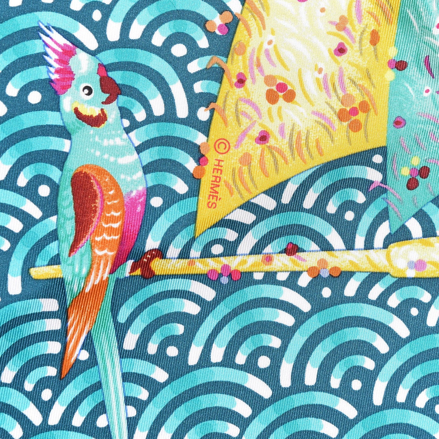 Silk Bateau Fleuri Scarf 90 Vert Canard Jaune