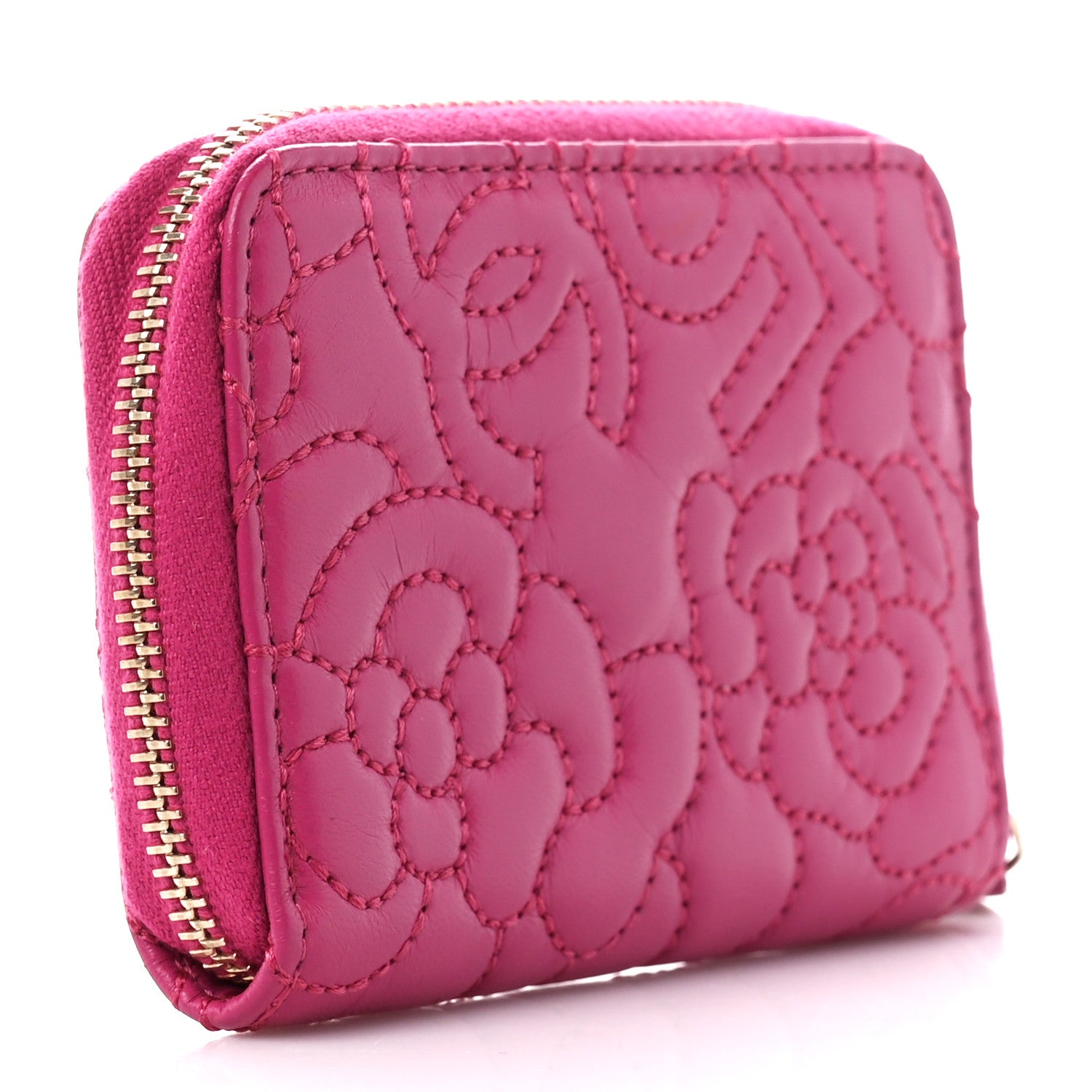 Chanel Lambskin Camellia Embossed Zip Coin Purse Fuchsia 3 of 10