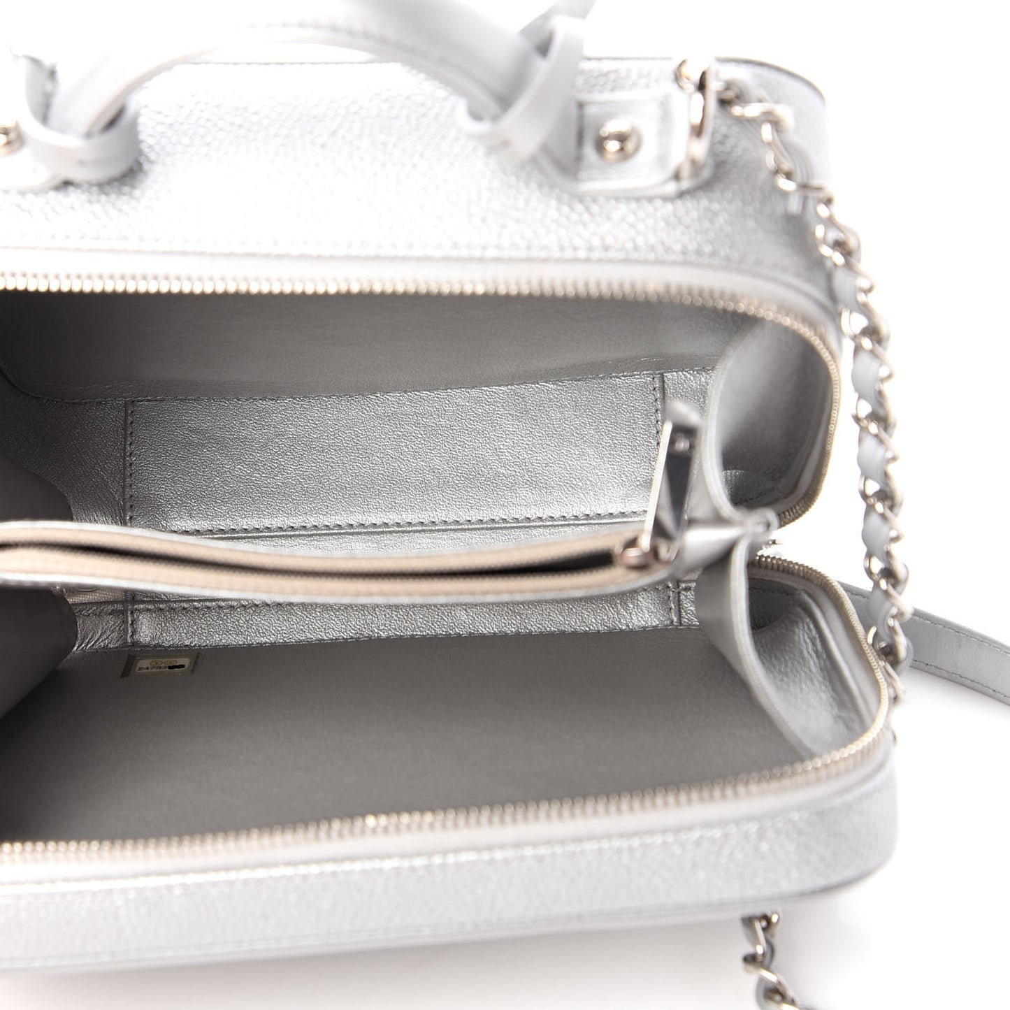 Metallic Caviar Quilted Medium CC Filigree Vanity Case Silver