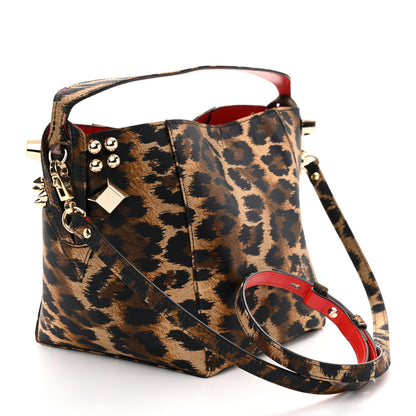 Christian Louboutin Crepe Satin Leopard Print Empire Spike Studded Mini Cabachic Bucket Bag Brown 3 of 10