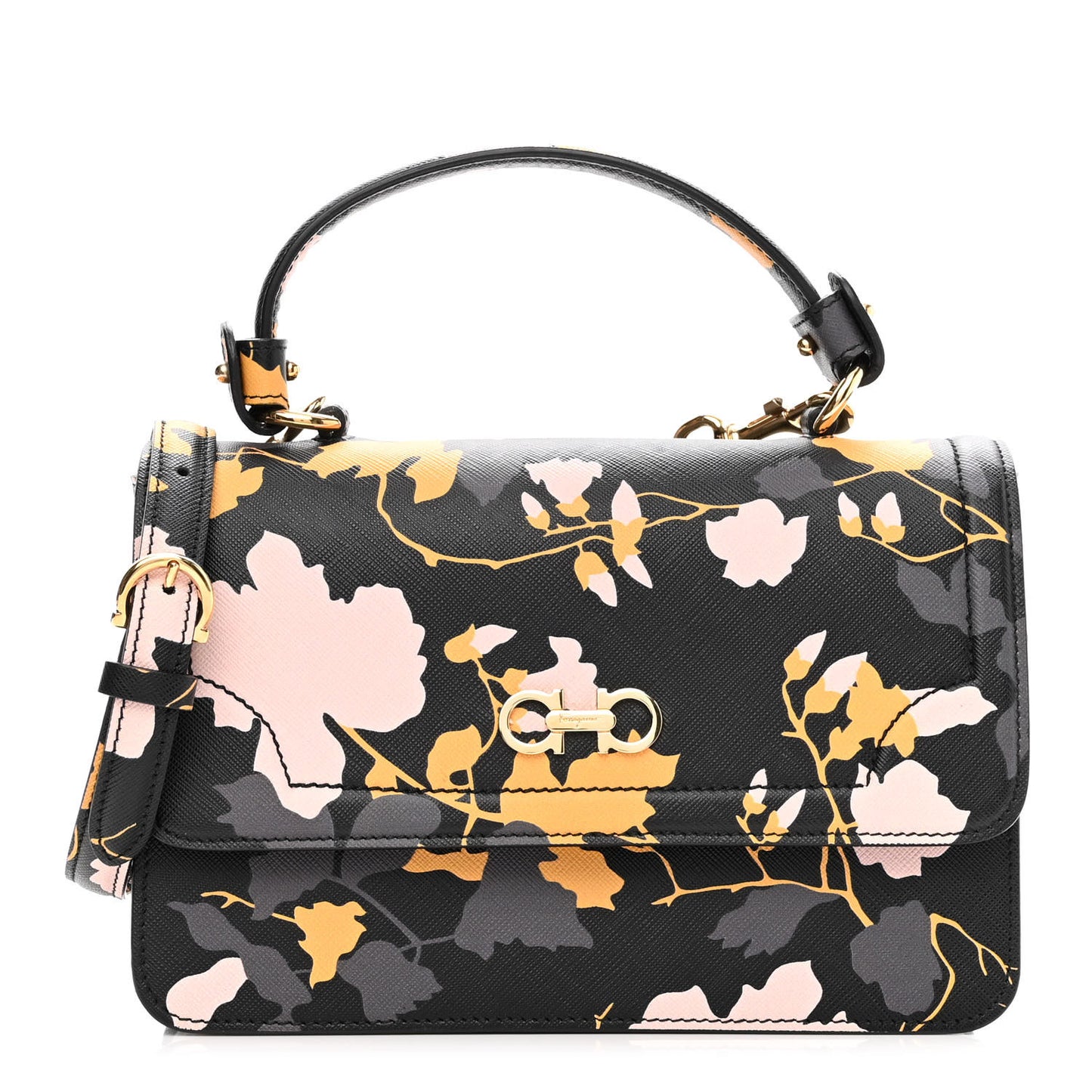 Hammered Calfskin Floral Printed Seila Top Handle Crossbody Bag Black Multicolor