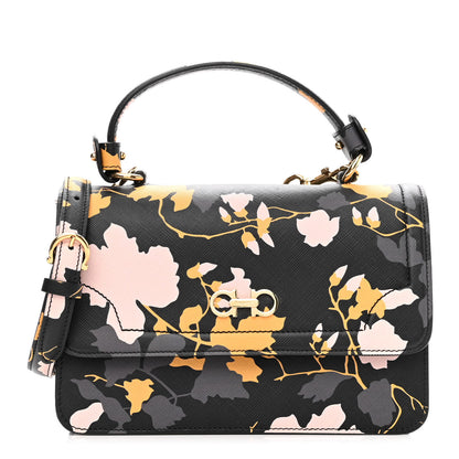 Salvatore Ferragamo Hammered Calfskin Floral Printed Seila Top Handle Crossbody Bag Black Multicolor 1 of 9