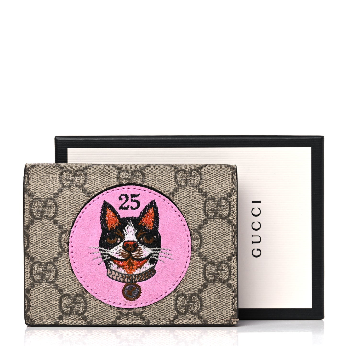GG Supreme Monogram Bosco Patch Card Case Wallet Beige Malva Hibiscus Red
