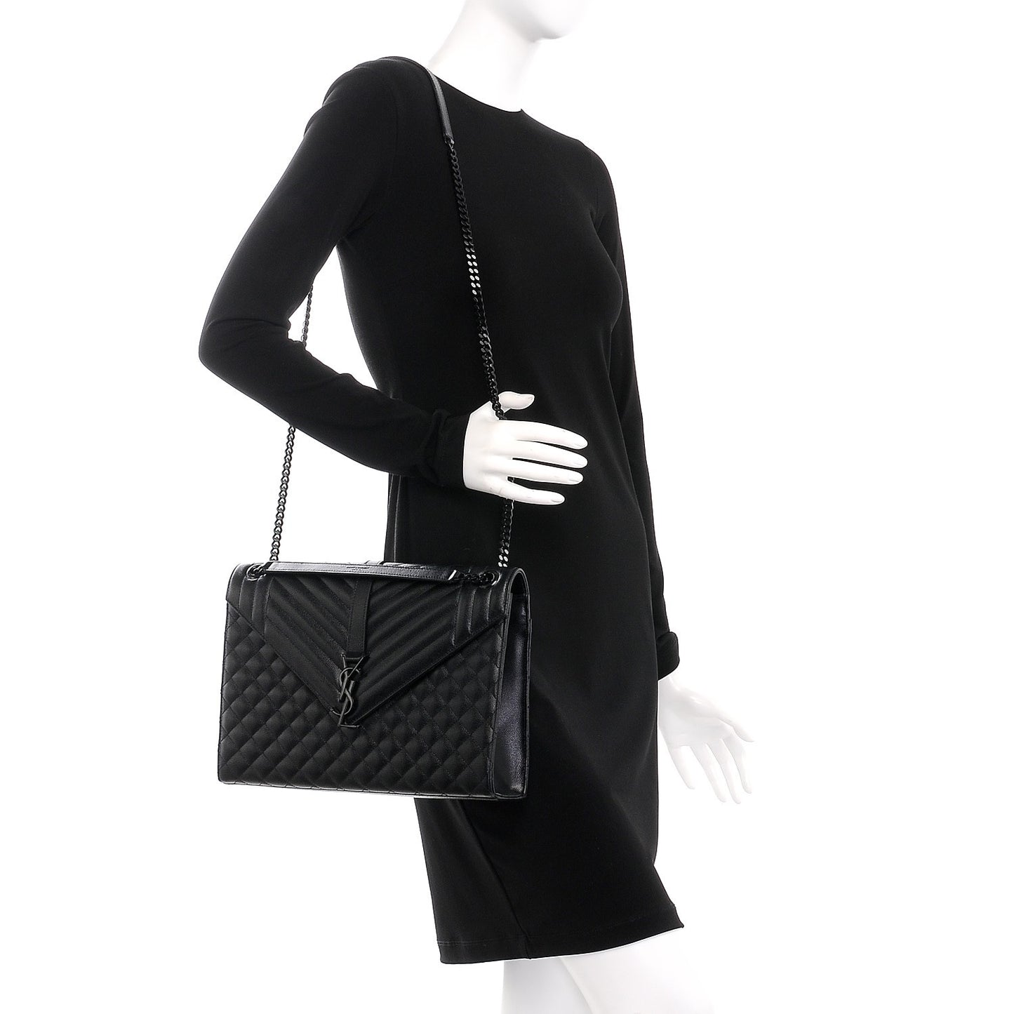 Grain De Poudre Textured Mixed Matelasse Large Triquilt Monogram Monochrome Satchel Black