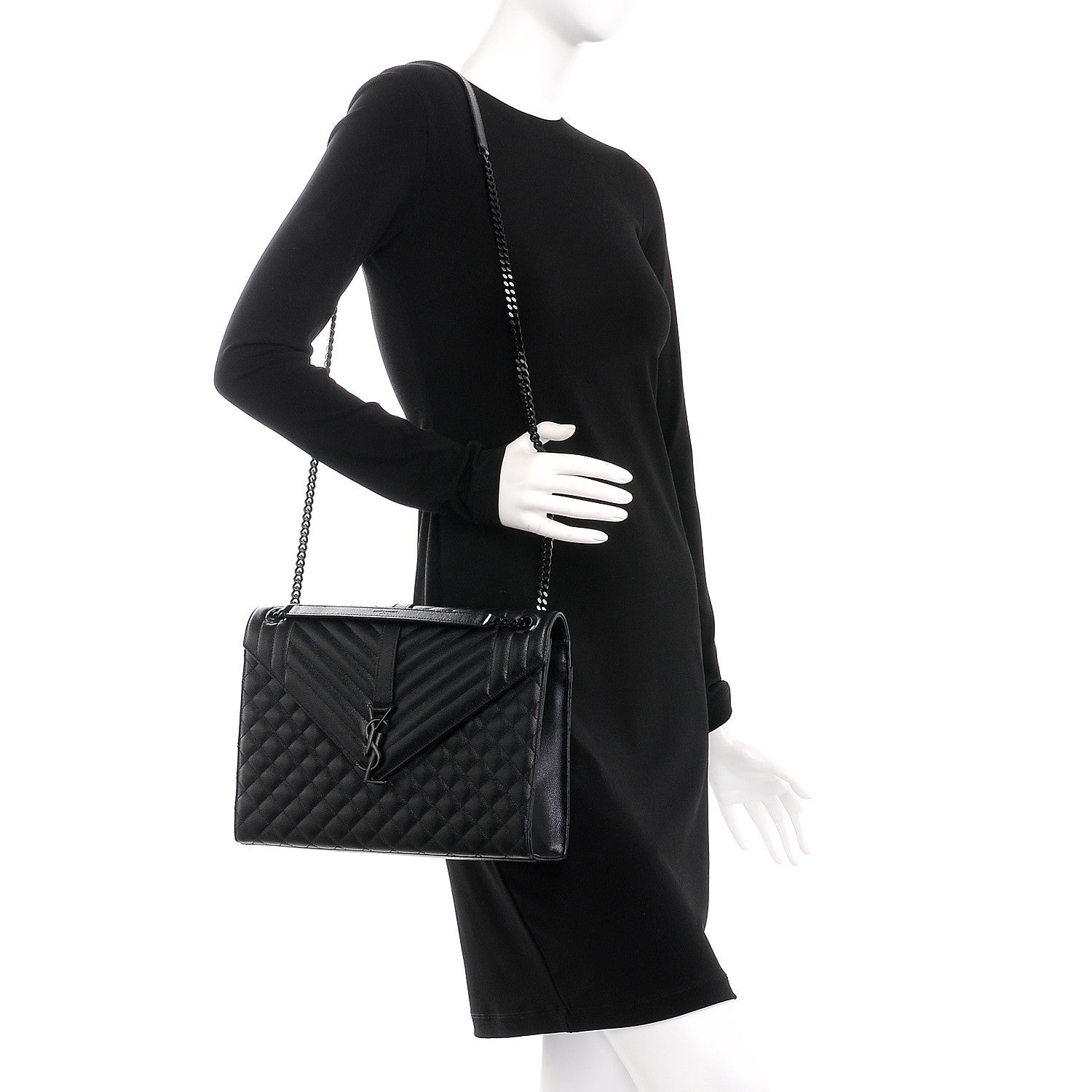 Saint Laurent Grain De Poudre Textured Mixed Matelasse Large Triquilt Monogram Monochrome Satchel Black 3 of 8
