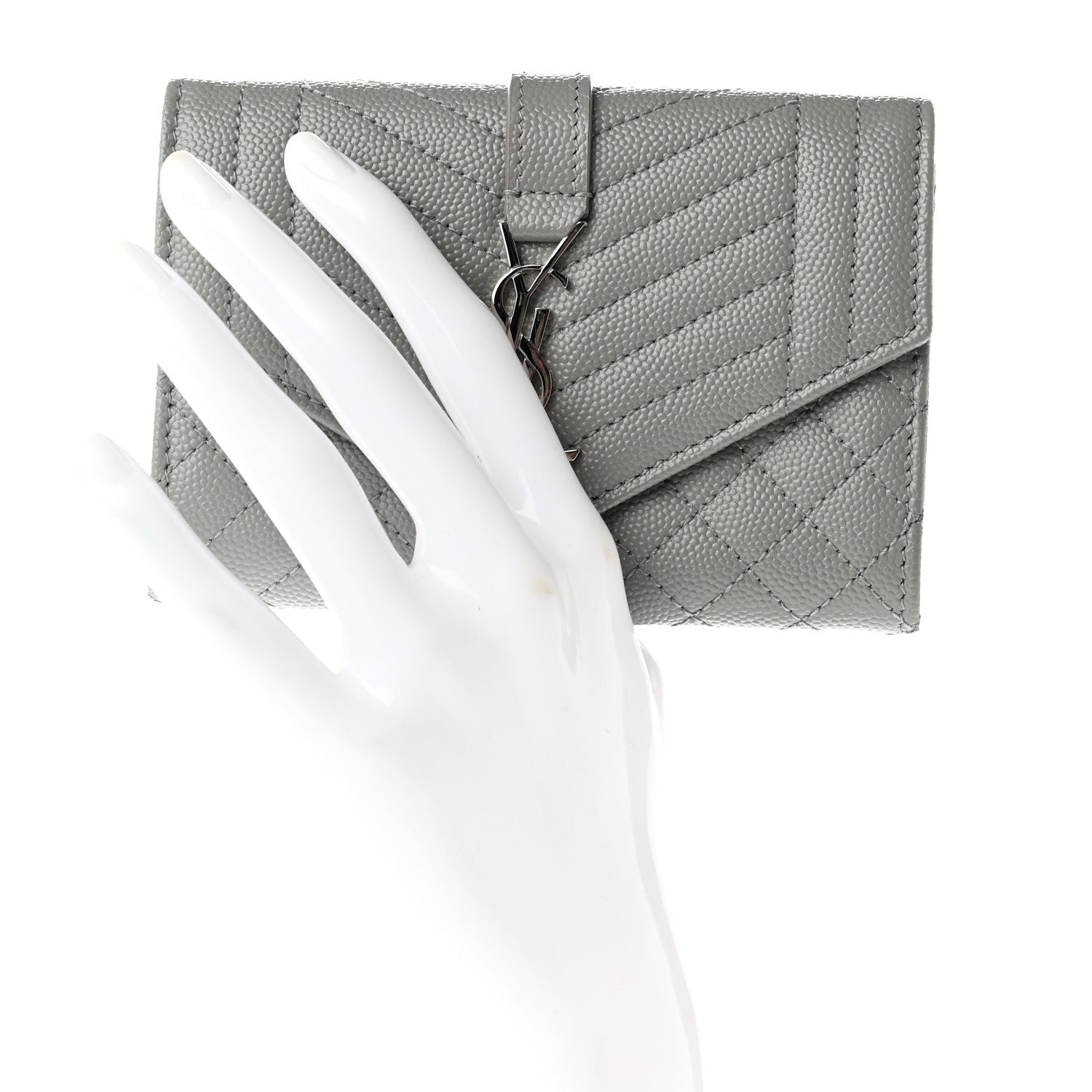Saint Laurent Grain De Poudre Textured Mixed Matelasse Triquilt Small Monogram Envelope Wallet Stone Grey 2 of 7