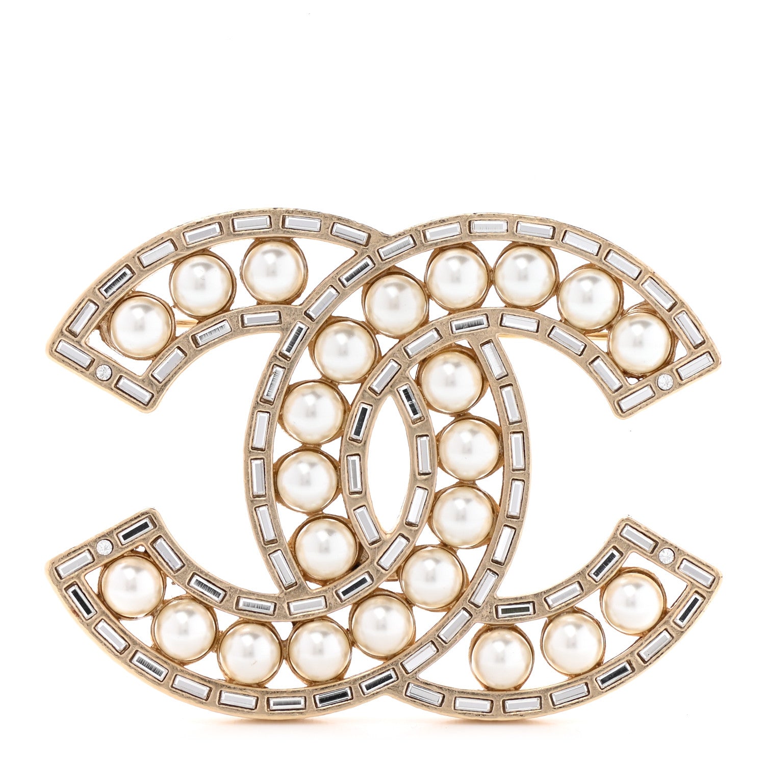 Chanel Pearl Crystal Baguette CC Brooch Gold 1 of 5