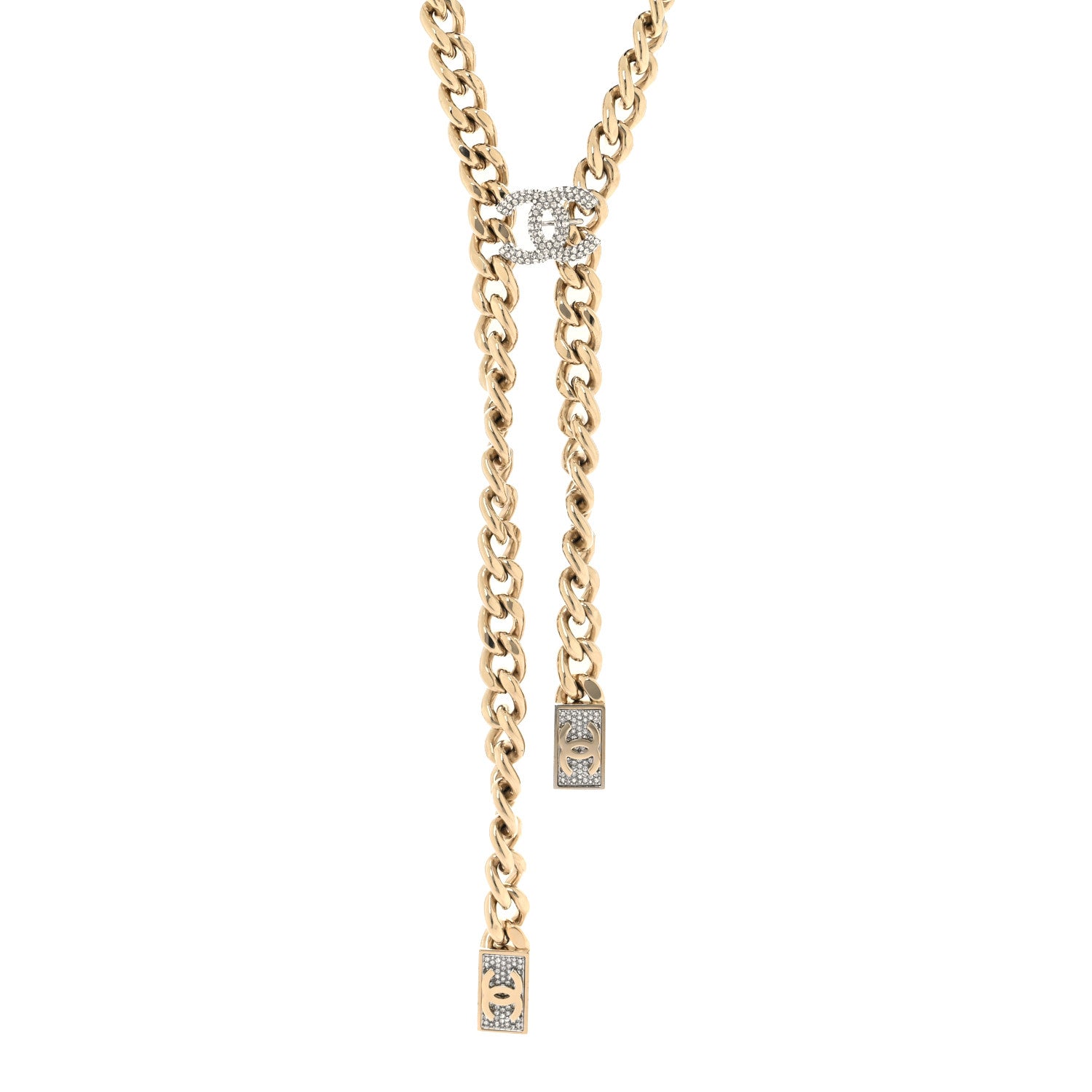 Chanel Chain Link Crystal CC Dog Tag Charm Necklace Gold 1 of 4