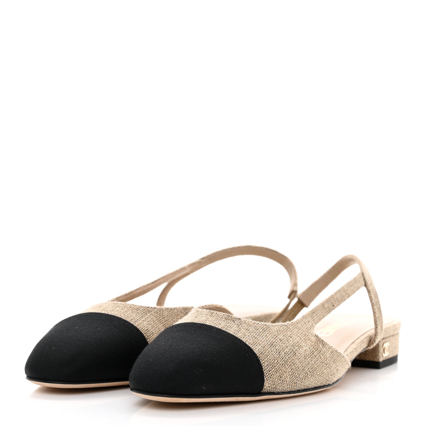 Fabric Grosgrain Cap Toe CC Slingback Flats 37.5 Light Beige Black