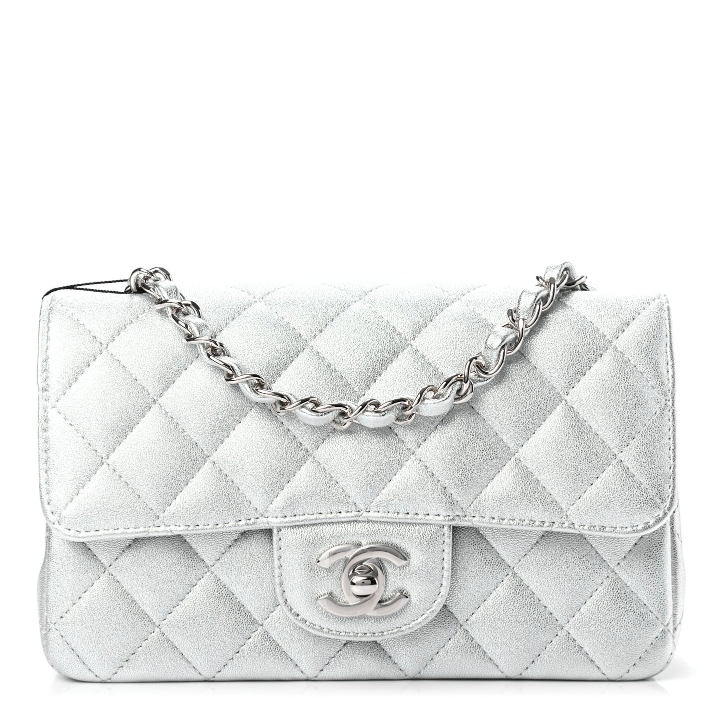 Metallic Lambskin Quilted Mini Rectangular Flap Silver
