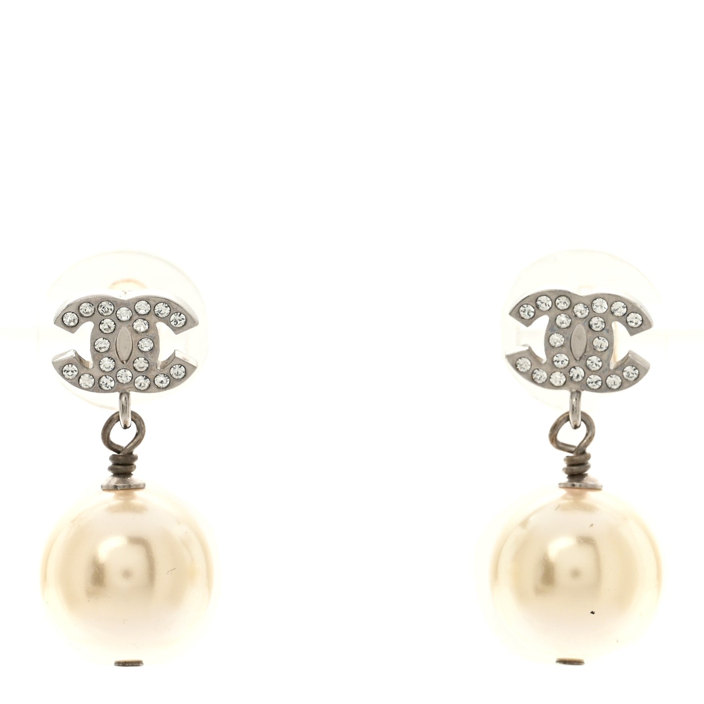 Crystal Pearl CC Drop Earrings Silver