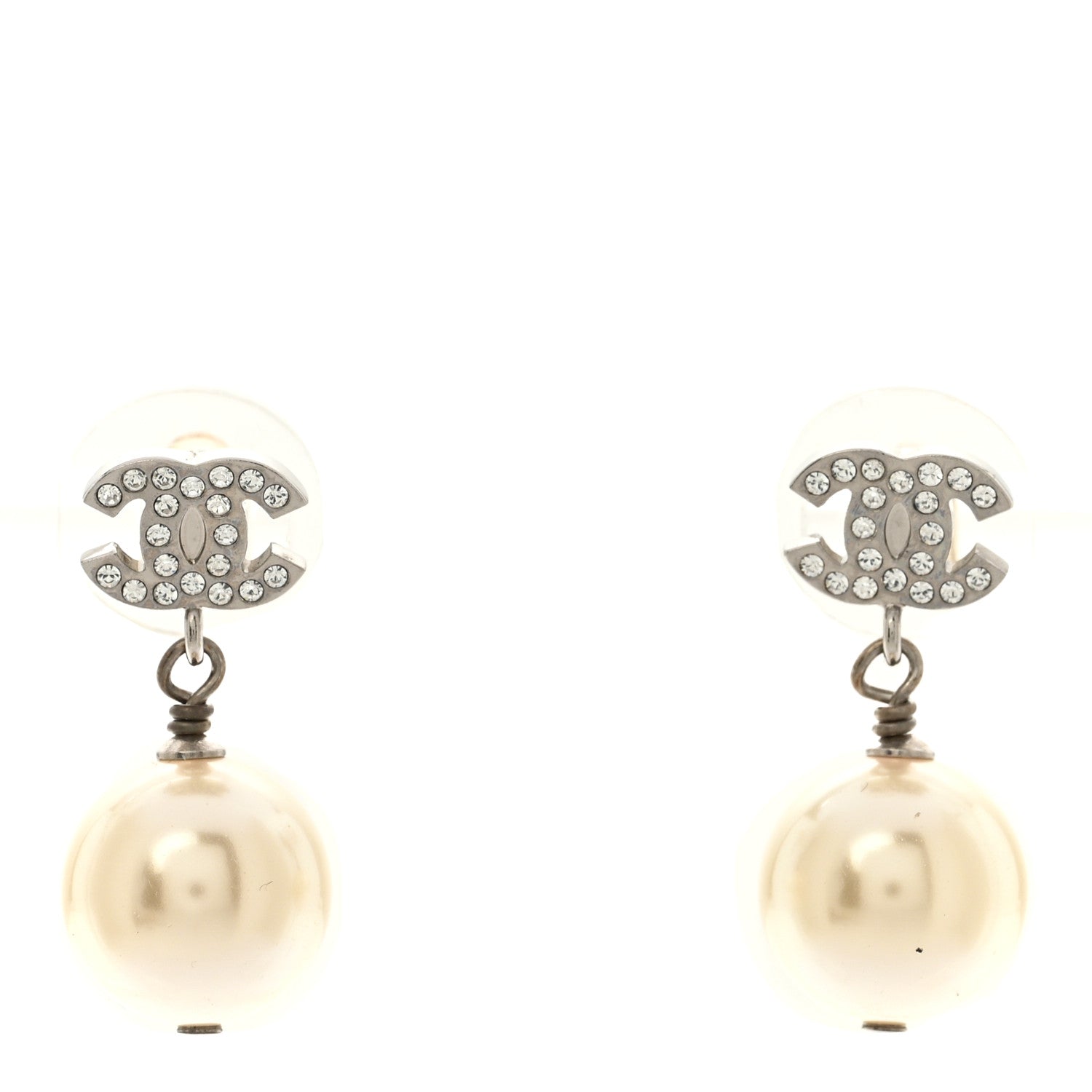 Chanel Crystal Pearl CC Drop Earrings Silver 1 of 5