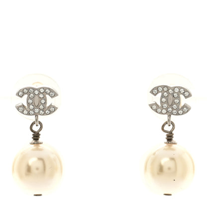 Chanel Crystal Pearl CC Drop Earrings Silver 1 of 5