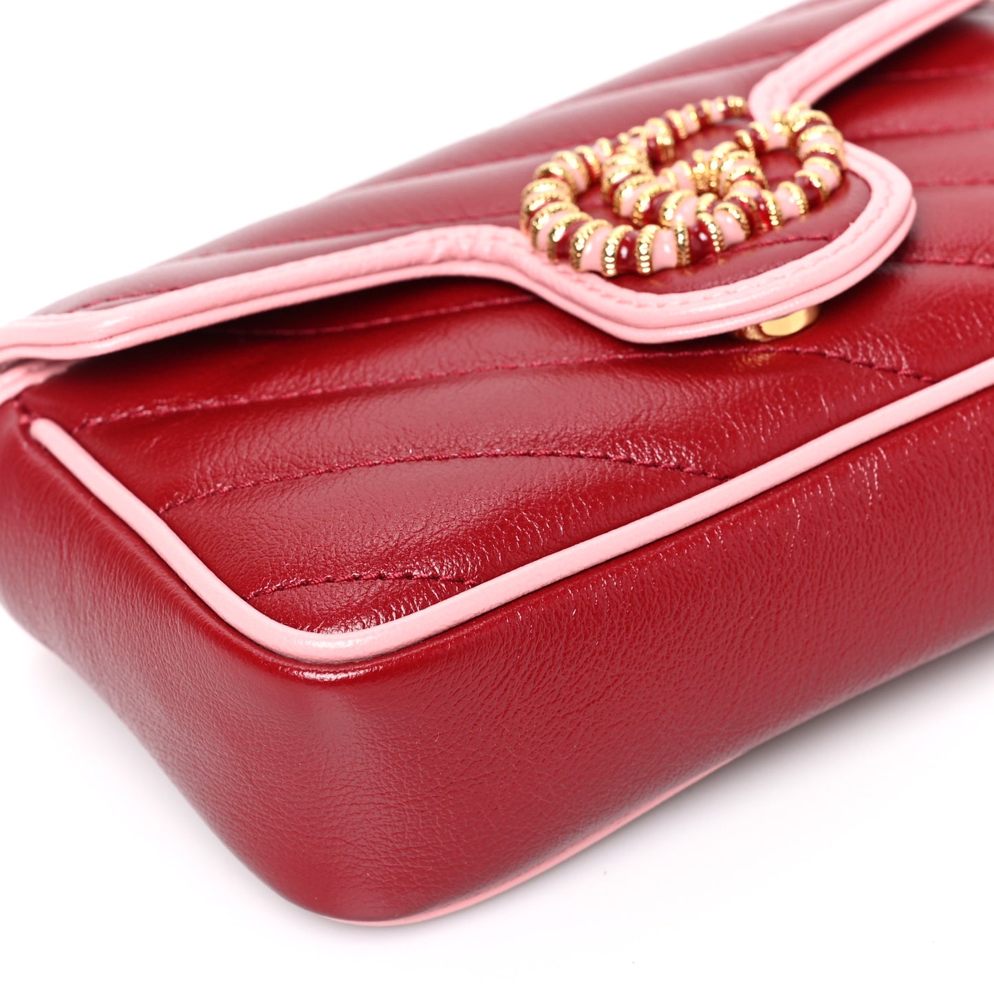 Azalea Calfskin Enamel Matelasse Diagonal Super Mini Torchon GG Marmont Shoulder Bag New Cherry Red Wild Rose
