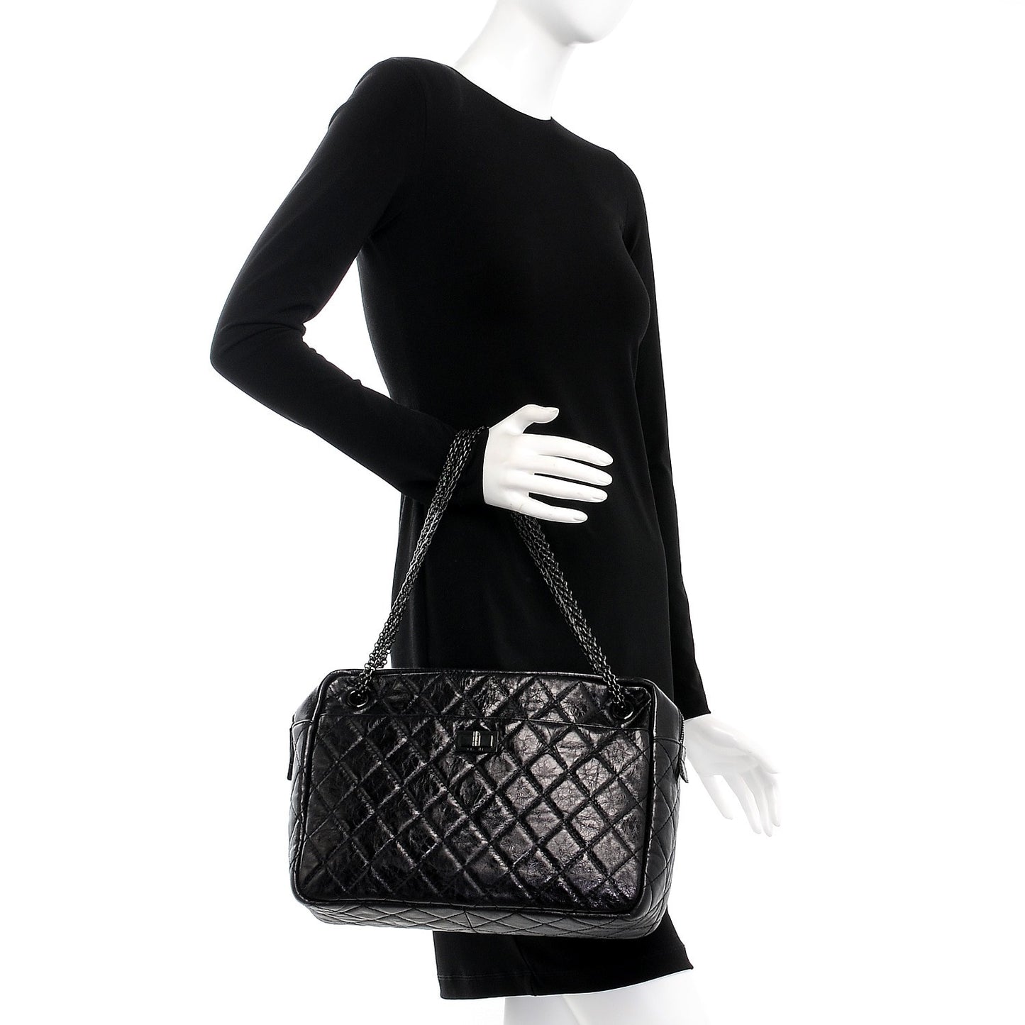 Metallic Aged Calfskin Quilted Large Reissue Camera Case Black