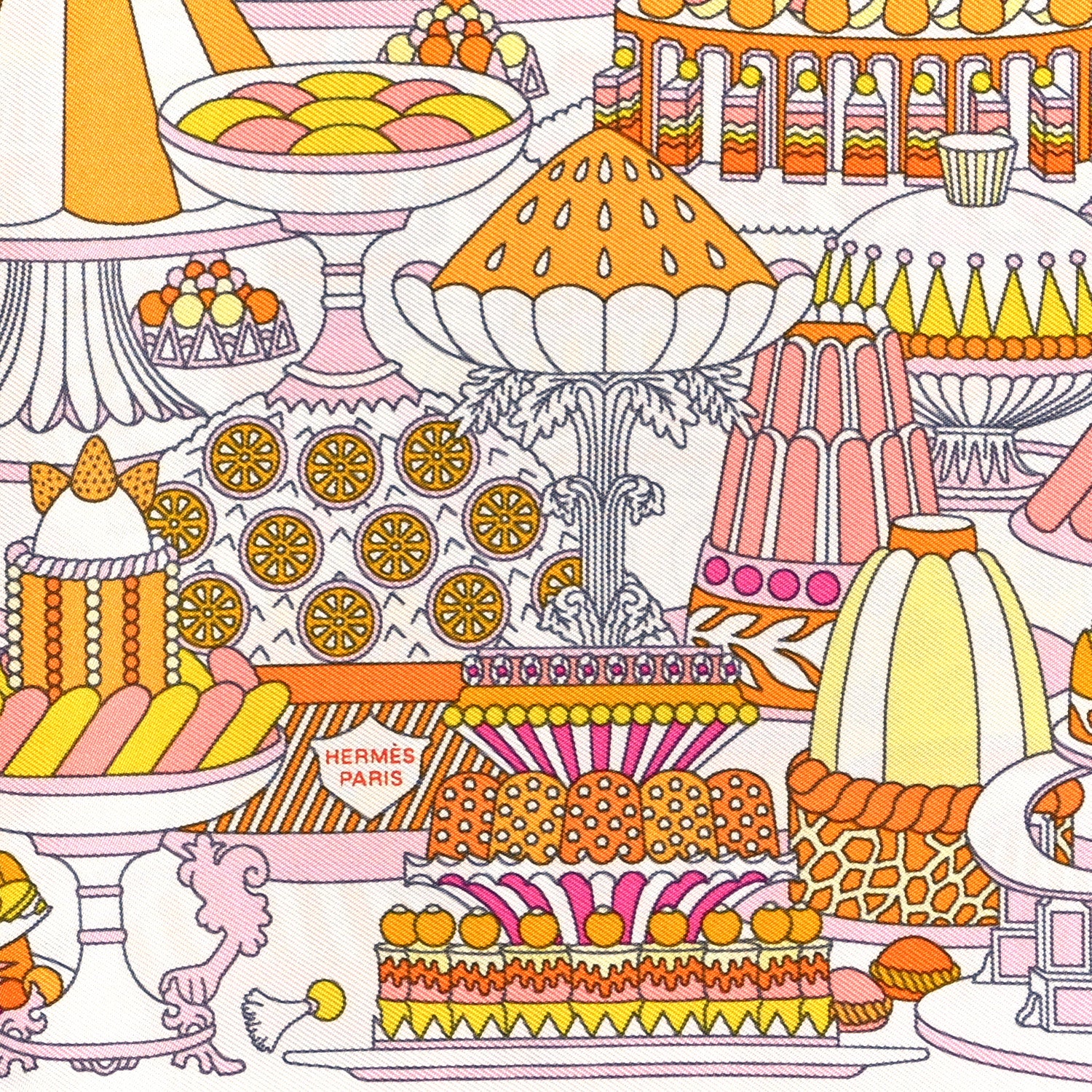 Hermes Silk La Patisserie Francaise Scarf 45 White Orange Jaune