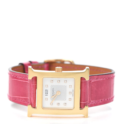 Hermes Stainless Steel Alligator Diamond Mother of Pearl 21mm Heure H Hour Quartz Watch Framboise 2 of 5
