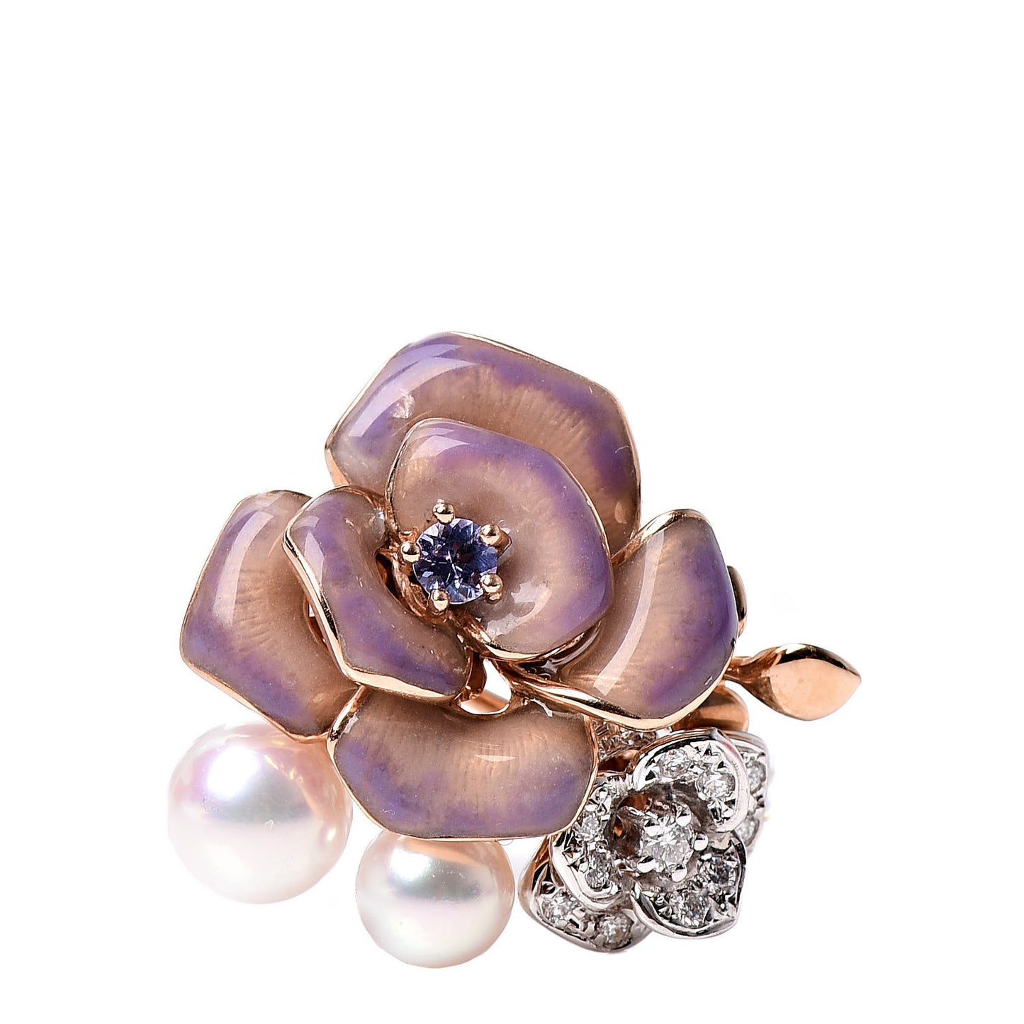 18K Rose White Gold Enamel Diamond Akoya Pearl 5.5-6.5mm Roses Pendant Brooch