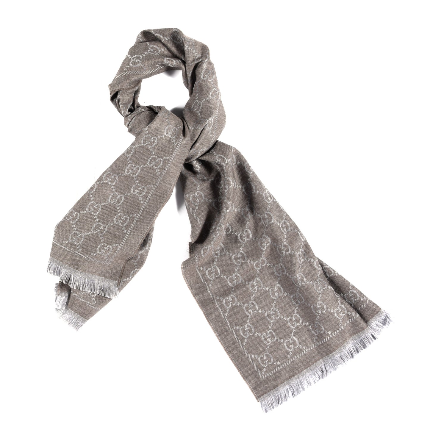 Wool Jacquard GG Monogram Sten Fringe Scarf Taupe Light Grey