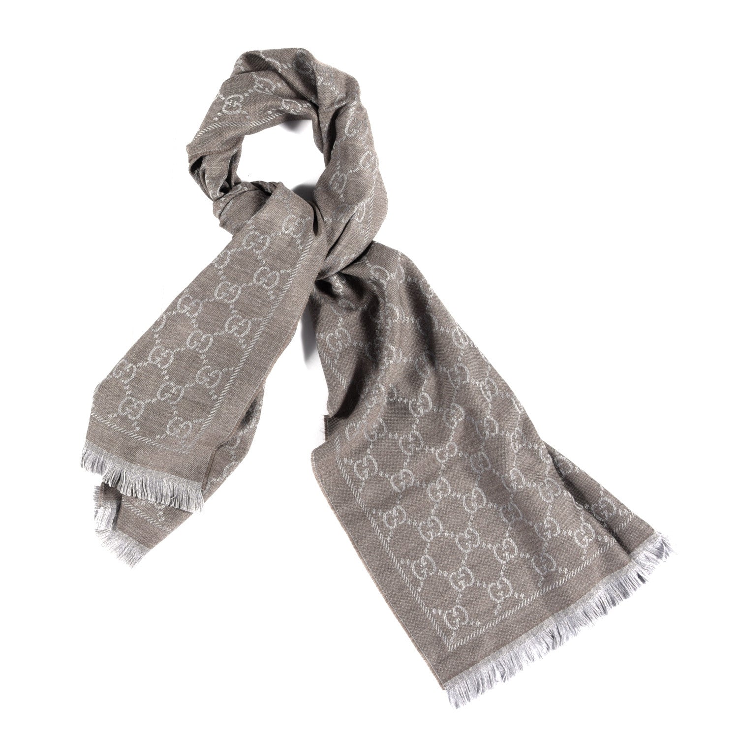 Gucci Wool Jacquard GG Monogram Sten Fringe Scarf Taupe Light Grey 1 of 3