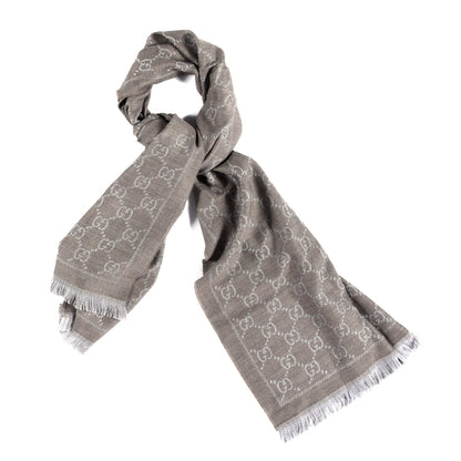 Gucci Wool Jacquard GG Monogram Sten Fringe Scarf Taupe Light Grey 1 of 3