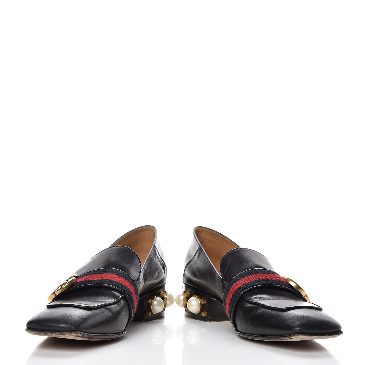 Gucci Betis Glamour Calfskin Web Pearl Embellished Peyton 35mm Loafer Pumps 39 Black 5 of 18