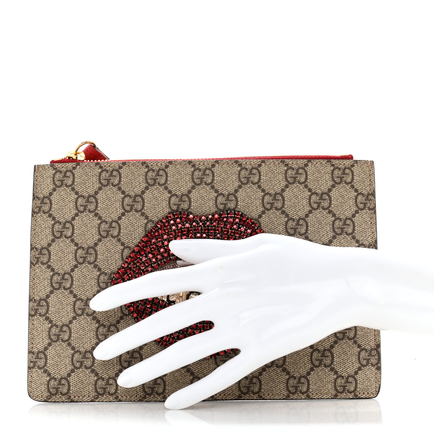 GG Supreme Monogram Merveilles Lips Zip Pouch Hibiscus Red