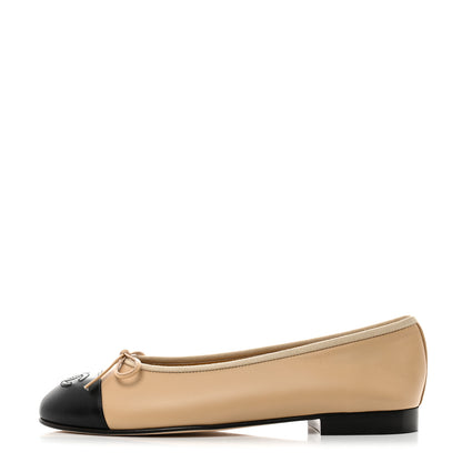 Chanel Lambskin Cap Toe CC Ballerina Flats 37.5 Beige Black 1 of 9