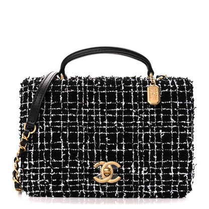 Chanel Tweed Lambskin Quilted Top Handle Flap Black White 1 of 12