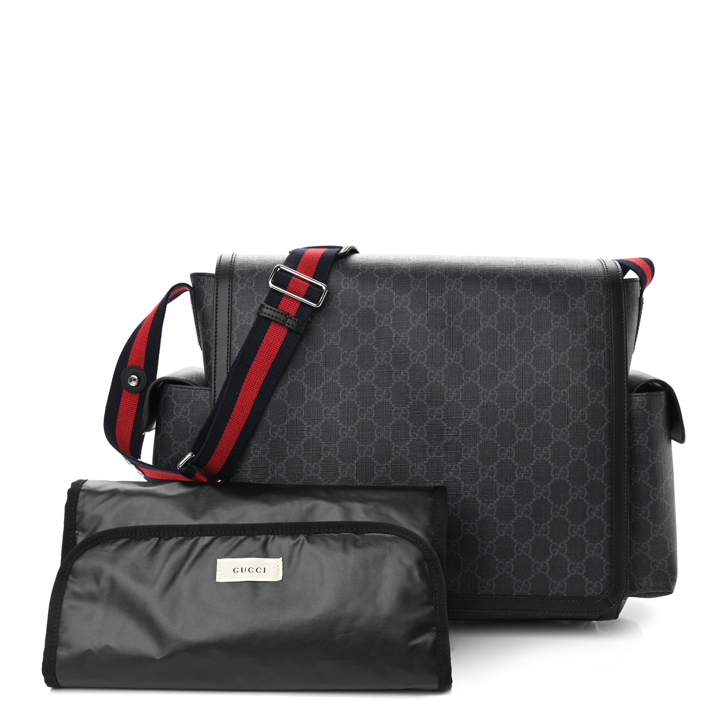 GG Supreme Monogram Web Messenger Diaper Bag Black Grey