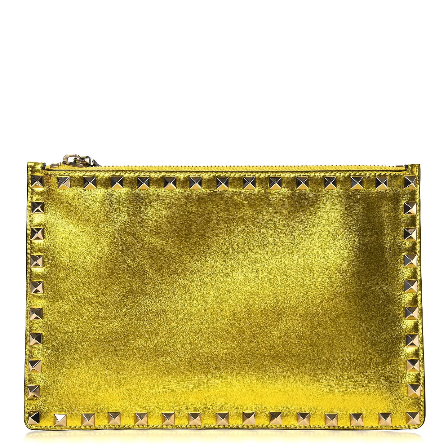 Metallic Calfskin Medium Rockstud Zip Pouch Yellow