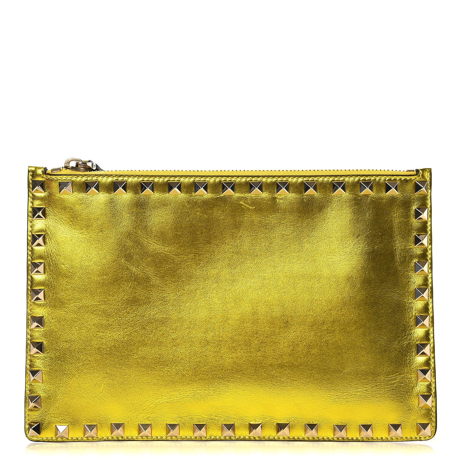 Valentino Garavani Metallic Calfskin Medium Rockstud Zip Pouch Yellow 1 of 7