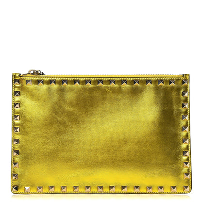 Valentino Garavani Metallic Calfskin Medium Rockstud Zip Pouch Yellow 1 of 7