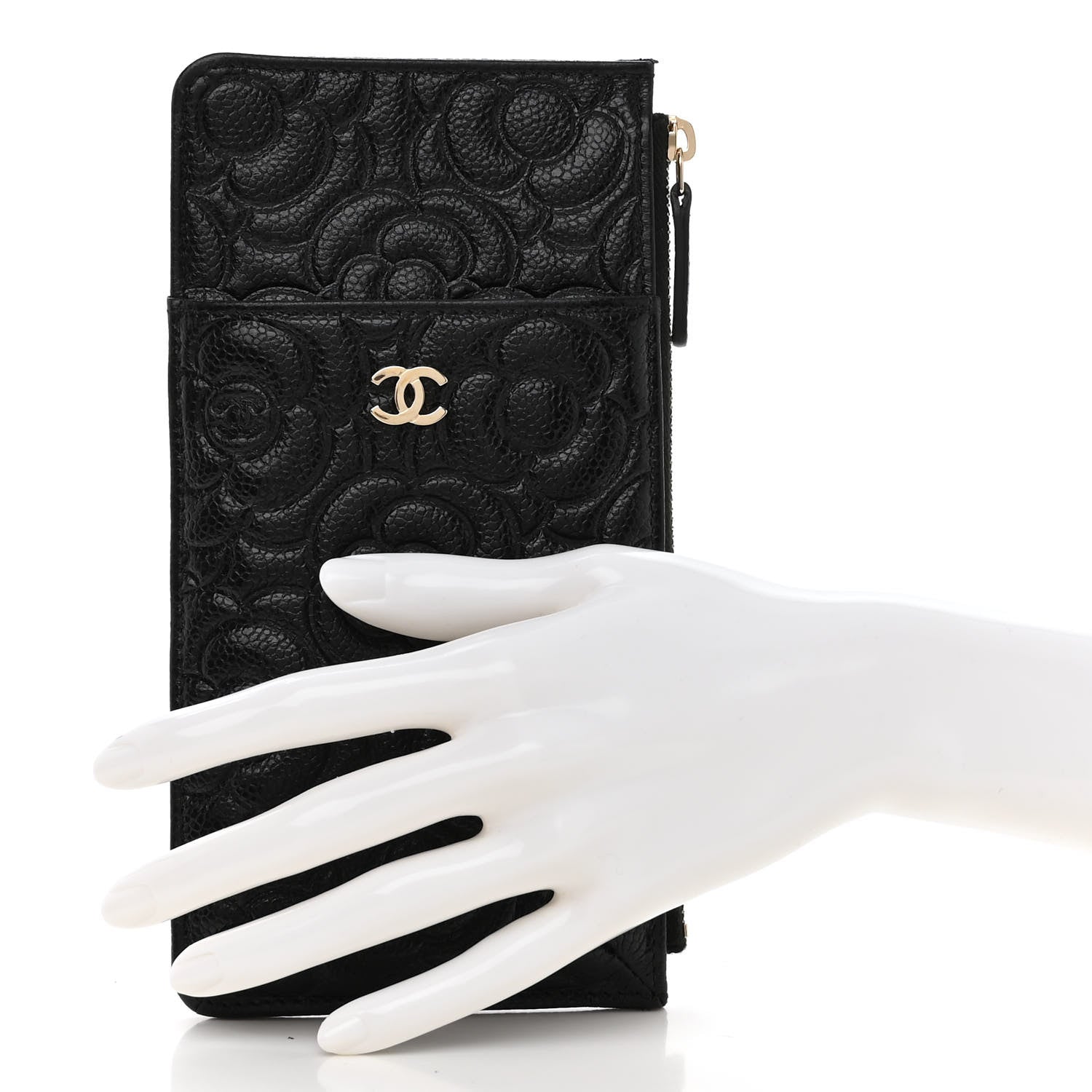 Chanel Caviar Camellia Embossed Classic Flat Wallet Pouch Black 2 of 8