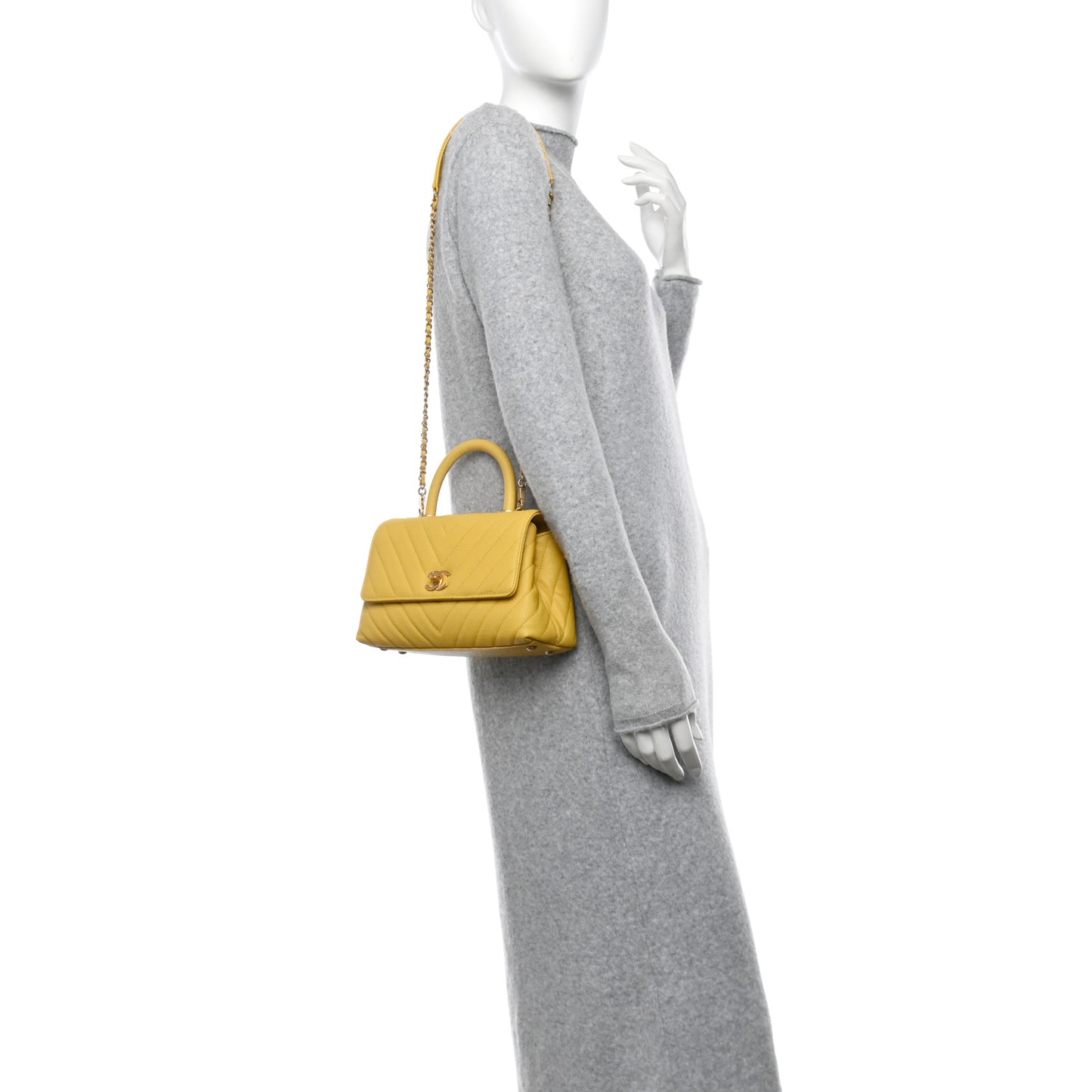 Caviar Chevron Quilted Mini Coco Handle Flap Yellow
