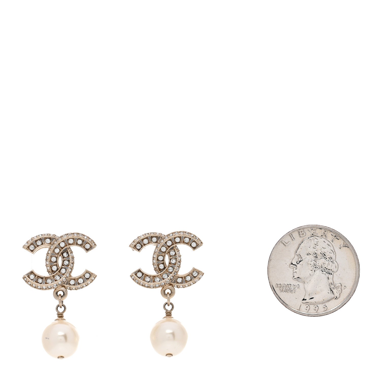 Chanel Crystal Timeless CC Pearl Drop Earrings Light Gold 2 of 4