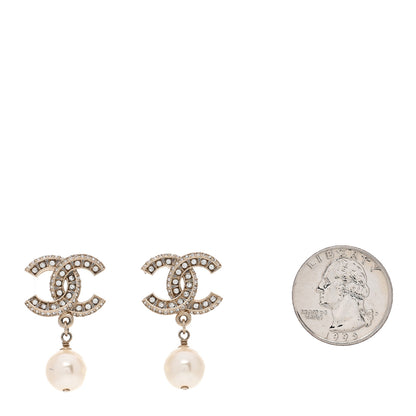 Chanel Crystal Timeless CC Pearl Drop Earrings Light Gold 2 of 4