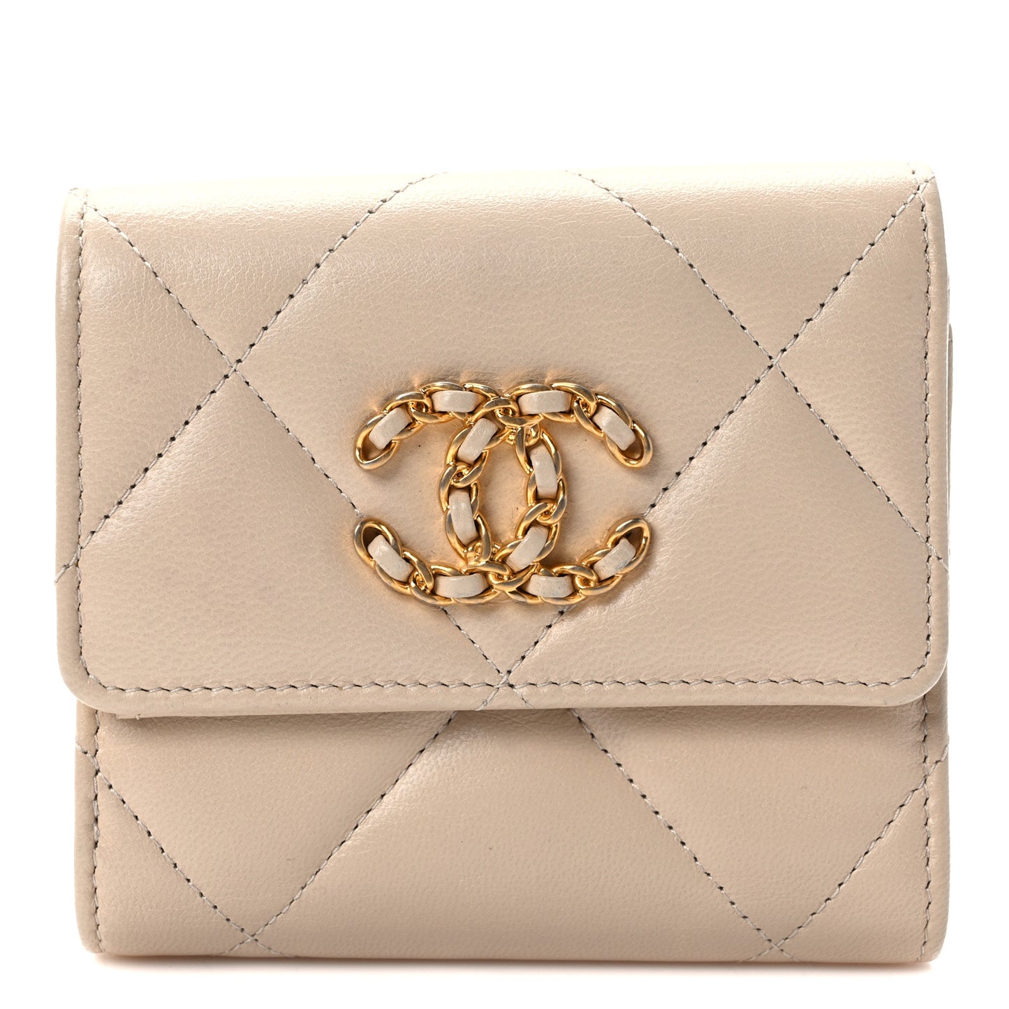 Goatskin Quilted Chanel 19 Small Flap Wallet Beige