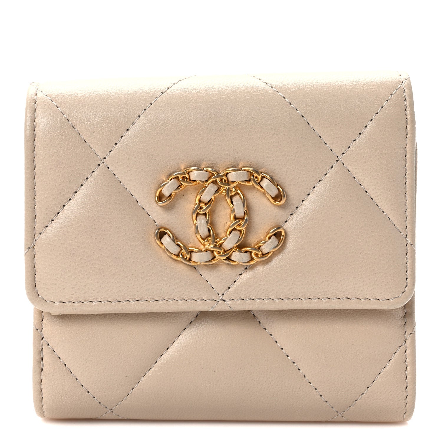 Chanel Goatskin Quilted Chanel 19 Small Flap Wallet Beige 1 of 7